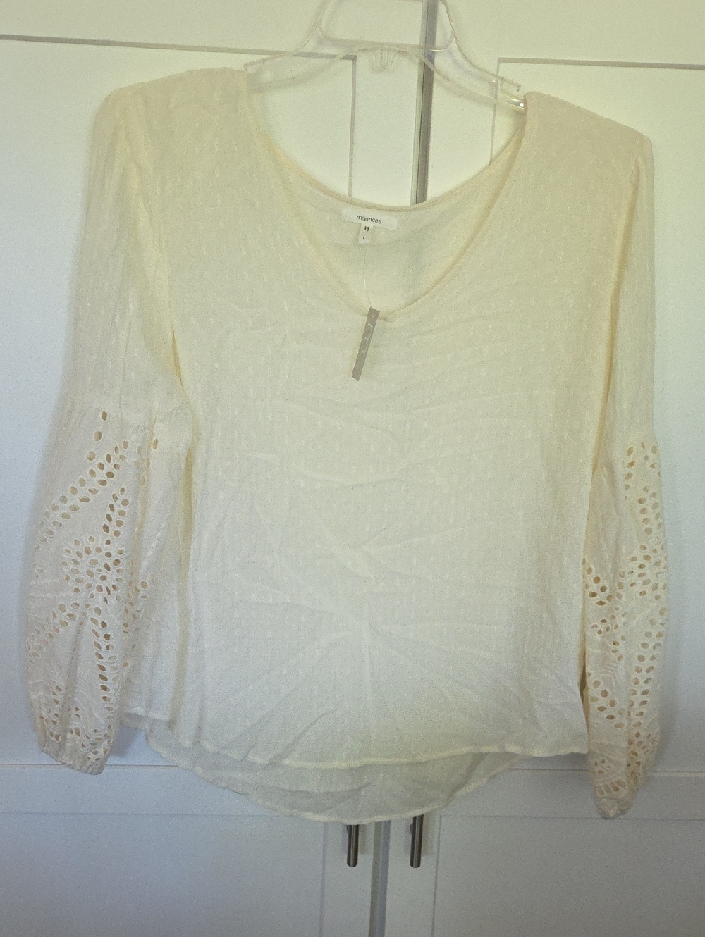 Cream Eyelet-Sleeve V-Neck Top